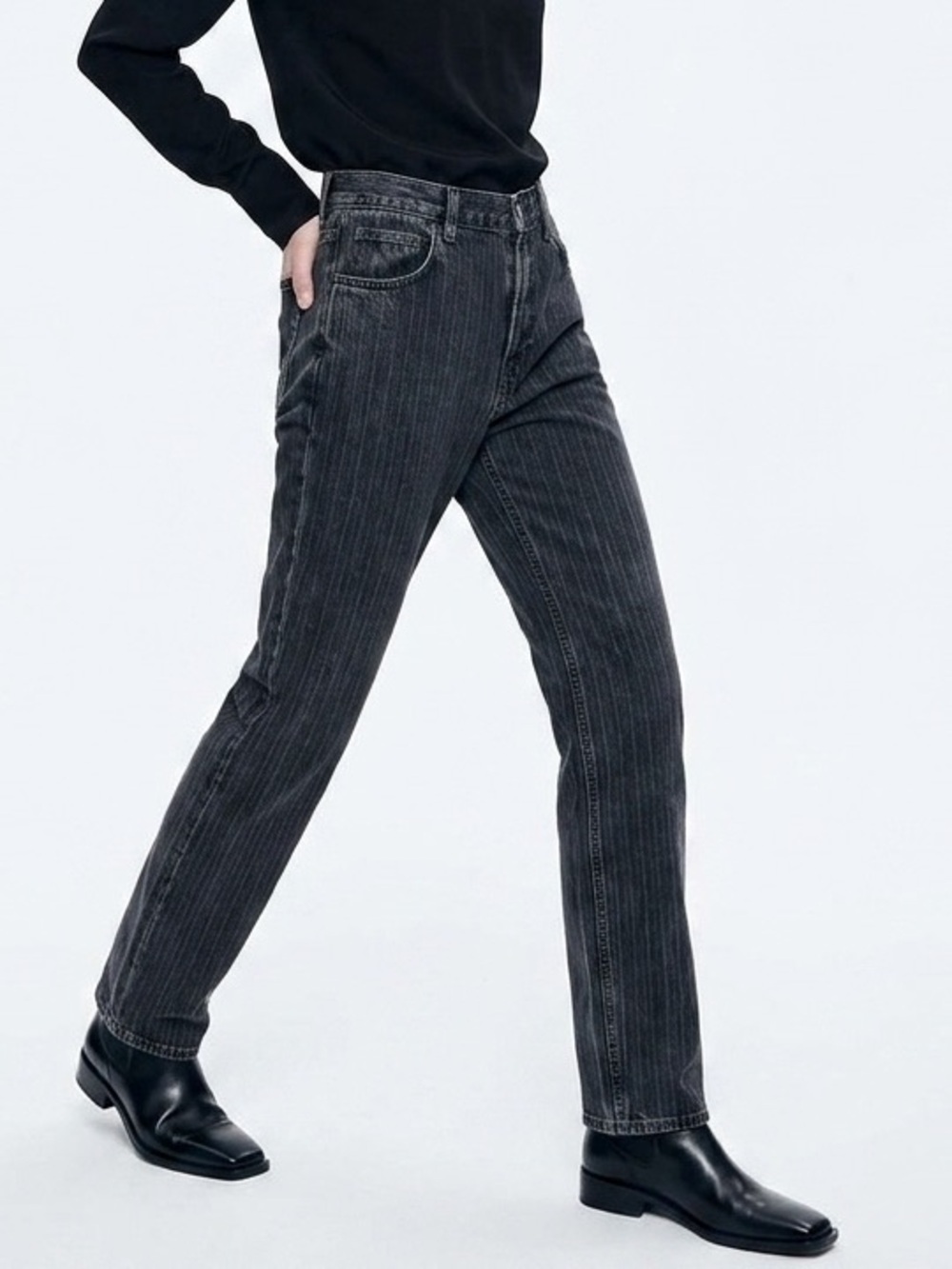 NEW Zara Pinstripe Straight Leg Jeans Denim Pants Size 6 Charcoal Gray - Picture 2 of 7
